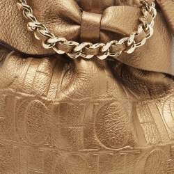 Carolina Herrera Gold Monogram Embossed Leather Bow Bucket Bag