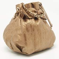 Carolina Herrera Gold Monogram Embossed Leather Bow Bucket Bag
