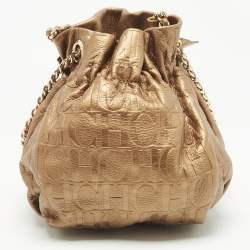 Carolina Herrera Gold Monogram Embossed Leather Bow Bucket Bag