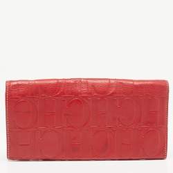 Carolina Herrera Red Monogram Embossed Leather Flap Continental Wallet