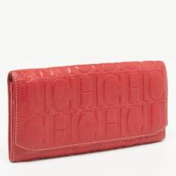 Carolina Herrera Red Monogram Embossed Leather Flap Continental Wallet