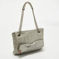 Pre Owned Carolina Herrera Grey Monogram Embossed Leather Audrey Flap Shoulder Bag