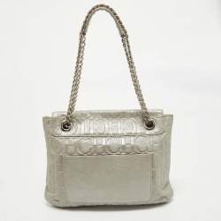 Pre Owned Carolina Herrera Grey Monogram Embossed Leather Audrey Flap Shoulder Bag