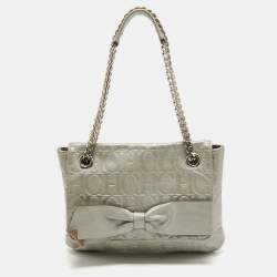 Pre Owned Carolina Herrera Grey Monogram Embossed Leather Audrey Flap Shoulder Bag