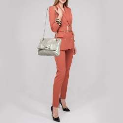 Pre Owned Carolina Herrera Grey Monogram Embossed Leather Audrey Flap Shoulder Bag