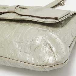 Pre Owned Carolina Herrera Grey Monogram Embossed Leather Audrey Flap Shoulder Bag