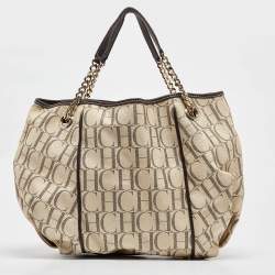 Carolina Herrera Cream/Brown Monogram Coated Canvas and Leather Chain Tote