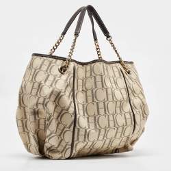 Carolina Herrera Cream/Brown Monogram Coated Canvas and Leather Chain Tote
