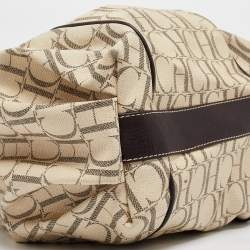 Carolina Herrera Cream/Brown Monogram Coated Canvas and Leather Chain Tote