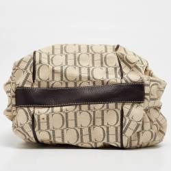 Carolina Herrera Cream/Brown Monogram Coated Canvas and Leather Chain Tote