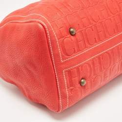 Carolina Herrera Red Monogram Embossed Leather Large Andy Boston Bag