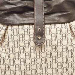 Carolina Herrera Dark Brown/Off White Monogram Canvas and Leather Flap Hobo