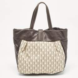 Carolina Herrera Dark Brown/Off White Monogram Canvas and Leather Flap Hobo