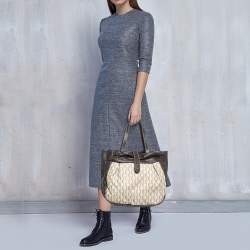 Carolina Herrera Dark Brown/Off White Monogram Canvas and Leather Flap Hobo