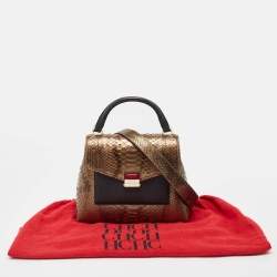 Carolina Herrera Black/Bronze Python and Leather Pushlock Flap Top Handle Bag