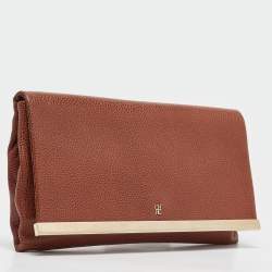 Carolina Herrera Brown Leather Metal Flap Clutch