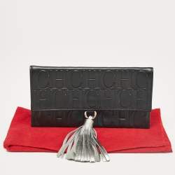 Carolina Herrera Black Monogram Embossed Leather Tassel Clutch