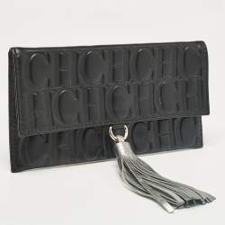 Carolina Herrera Black Monogram Embossed Leather Tassel Clutch