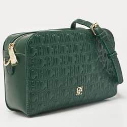 Carolina Herrera Green Monogram Embossed Leather Camera Crossbody Bag