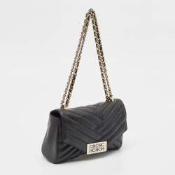 Carolina Herrera Black Chevron Leather Bimba Flap Shoulder Bag