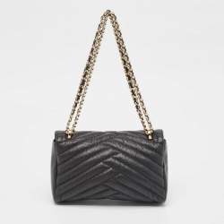 Carolina Herrera Black Chevron Leather Bimba Flap Shoulder Bag