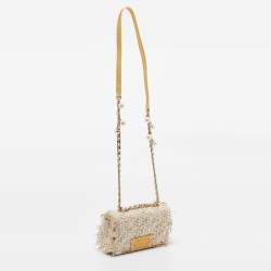 Carolina Herrera Gold/White Woven Fabric and Crystals Logo Flap Shoulder Bag