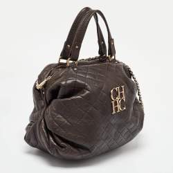 Pre Owned Carolina Herrera Dark Brown Quilted Leather Pleated Chain Satchel