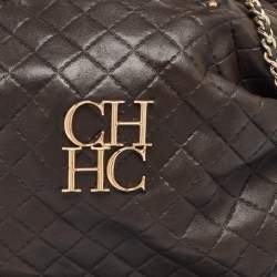 Pre Owned Carolina Herrera Dark Brown Quilted Leather Pleated Chain Satchel