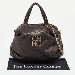 Pre Owned Carolina Herrera Dark Brown Quilted Leather Pleated Chain Satchel