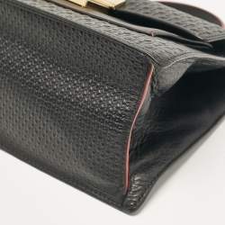  Carolina Herrera Black Monogram Embossed Leather Flap Top Handle Bag