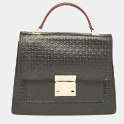  Carolina Herrera Black Monogram Embossed Leather Flap Top Handle Bag