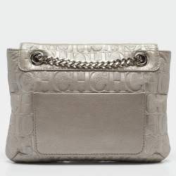 Carolina Herrera Silver Monogram Embossed Leather Audrey Shoulder Bag