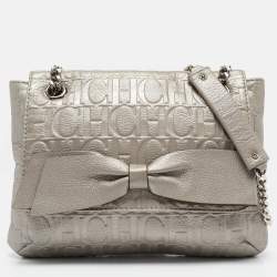 Carolina Herrera Silver Monogram Embossed Leather Audrey Shoulder Bag