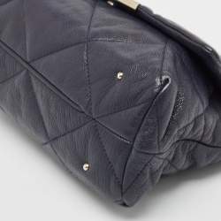 Carolina Herrera Navy Blue Logo Embossed Leather Metal Flap Shoulder Bag
