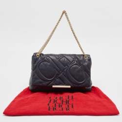 Carolina Herrera Navy Blue Logo Embossed Leather Metal Flap Shoulder Bag