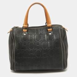 Carolina Herrera Black/Beige Monogram Embossed Leather Andy Boston Bag
