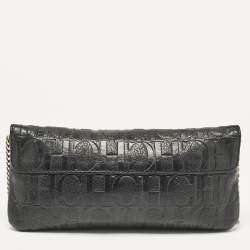 Carolina Herrera Black Monogram Embossed Leather Bow Flap Chain Clutch