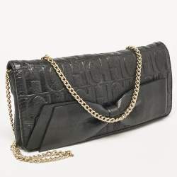 Carolina Herrera Black Monogram Embossed Leather Bow Flap Chain Clutch