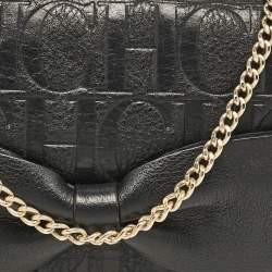 Carolina Herrera Black Monogram Embossed Leather Bow Flap Chain Clutch