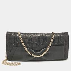 Carolina Herrera Black Monogram Embossed Leather Bow Flap Chain Clutch