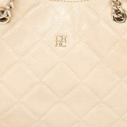 Pre Owned Carolina Herrera Beige Logo Embossed Quilted Leather Chain Tote