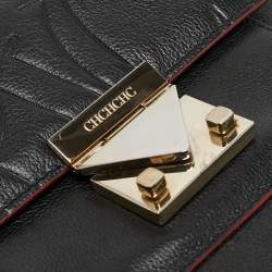 Carolina Herrera Black Embossed Leather Pushlock Flap Top Handle Bag