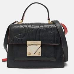 Carolina Herrera Black Embossed Leather Pushlock Flap Top Handle Bag