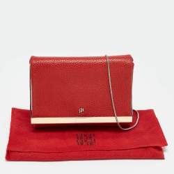 Carolina Herrera Red Leather Metal Flap Chain Clutch