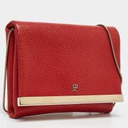 Carolina Herrera Red Leather Metal Flap Chain Clutch