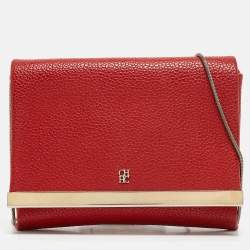 Carolina Herrera Red Leather Metal Flap Chain Clutch