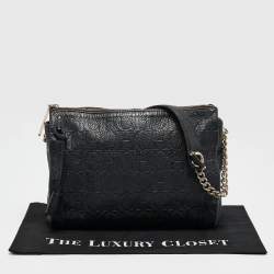 Carolina Herrera Navy Blue Monogram Embossed Leather Chain Shoulder Bag