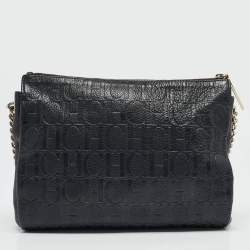 Carolina Herrera Navy Blue Monogram Embossed Leather Chain Shoulder Bag