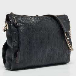 Carolina Herrera Navy Blue Monogram Embossed Leather Chain Shoulder Bag
