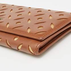 Carolina Herrera Brown/Gold Leather Lasercut Flap Continental Wallet